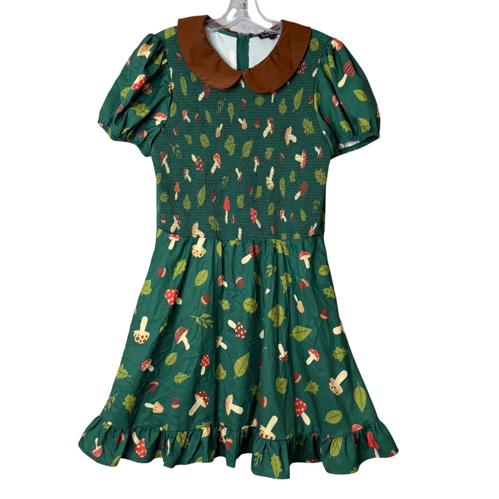 Smak Parlour Mushroom Salad Mini Dress Womens XL Green Peter Pan Collar Cottage